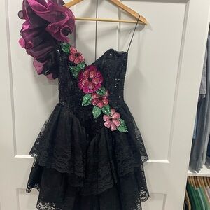 Loralie original 1991 black& pink sequin flower/ruffle sleeve prom dress